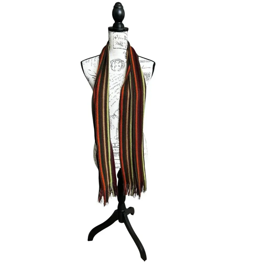 Wool Blend Stripe Scarf Fall Colors Brown Green Maroon Orange Fringe